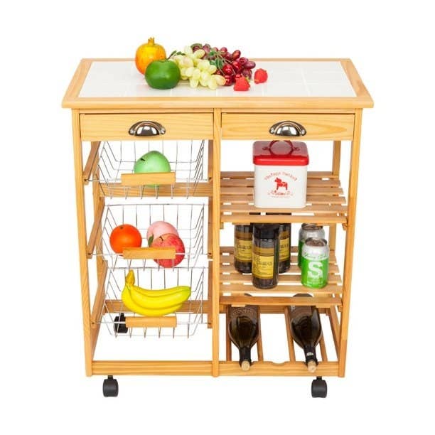 The wooden kitchen trolley with several shelves and baskets