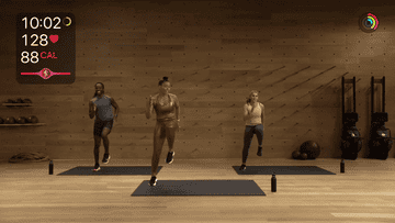 gif of a workout with fitness tracking in the corner that has been connected to someone&#x27;s apple watch