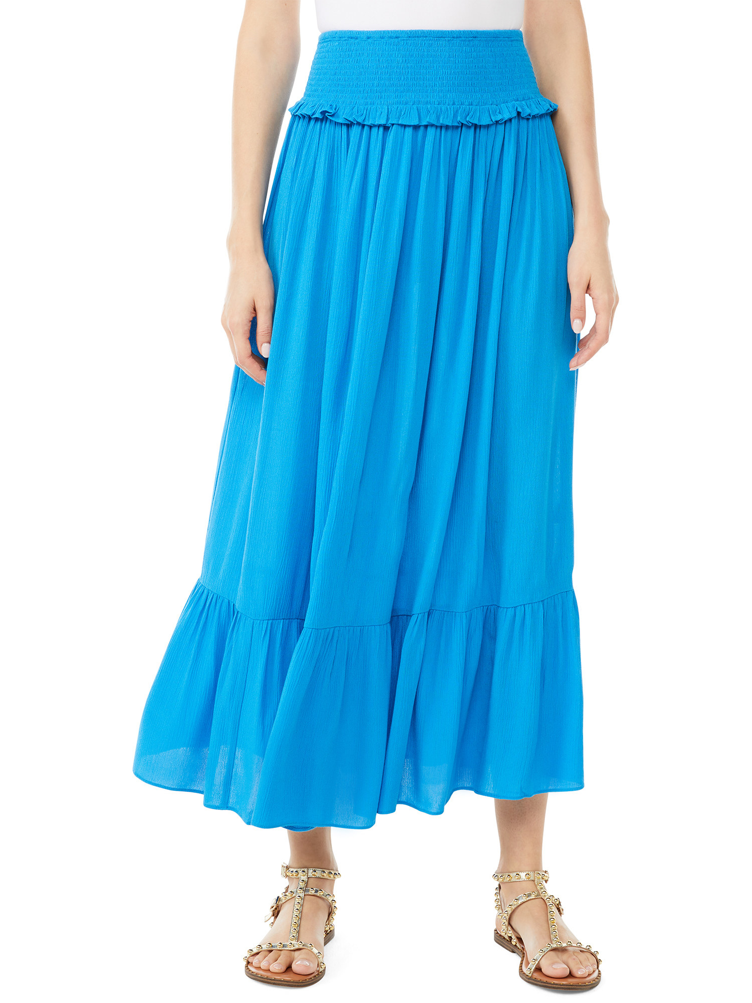 Model wearing the French blue tiered maxi skirt