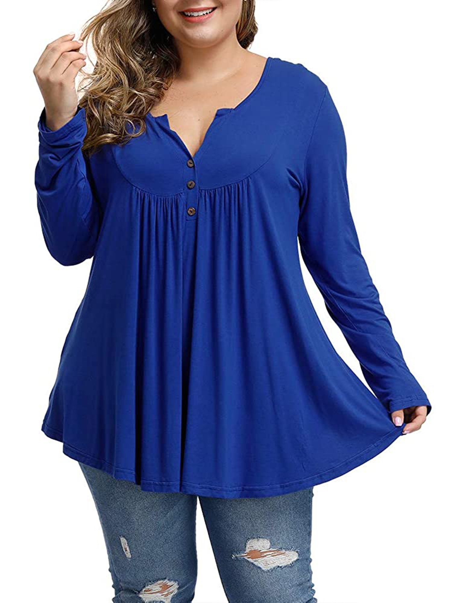 Model wearing the blue v-neck henley button-up tunic top