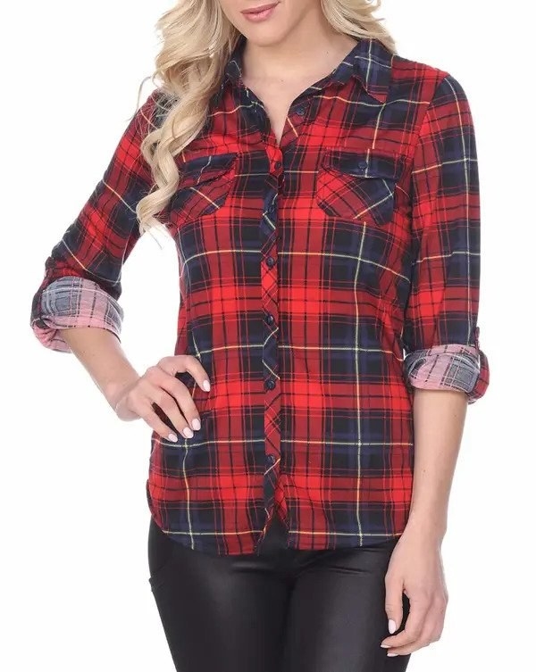 Model wearing the red plaid button-down
