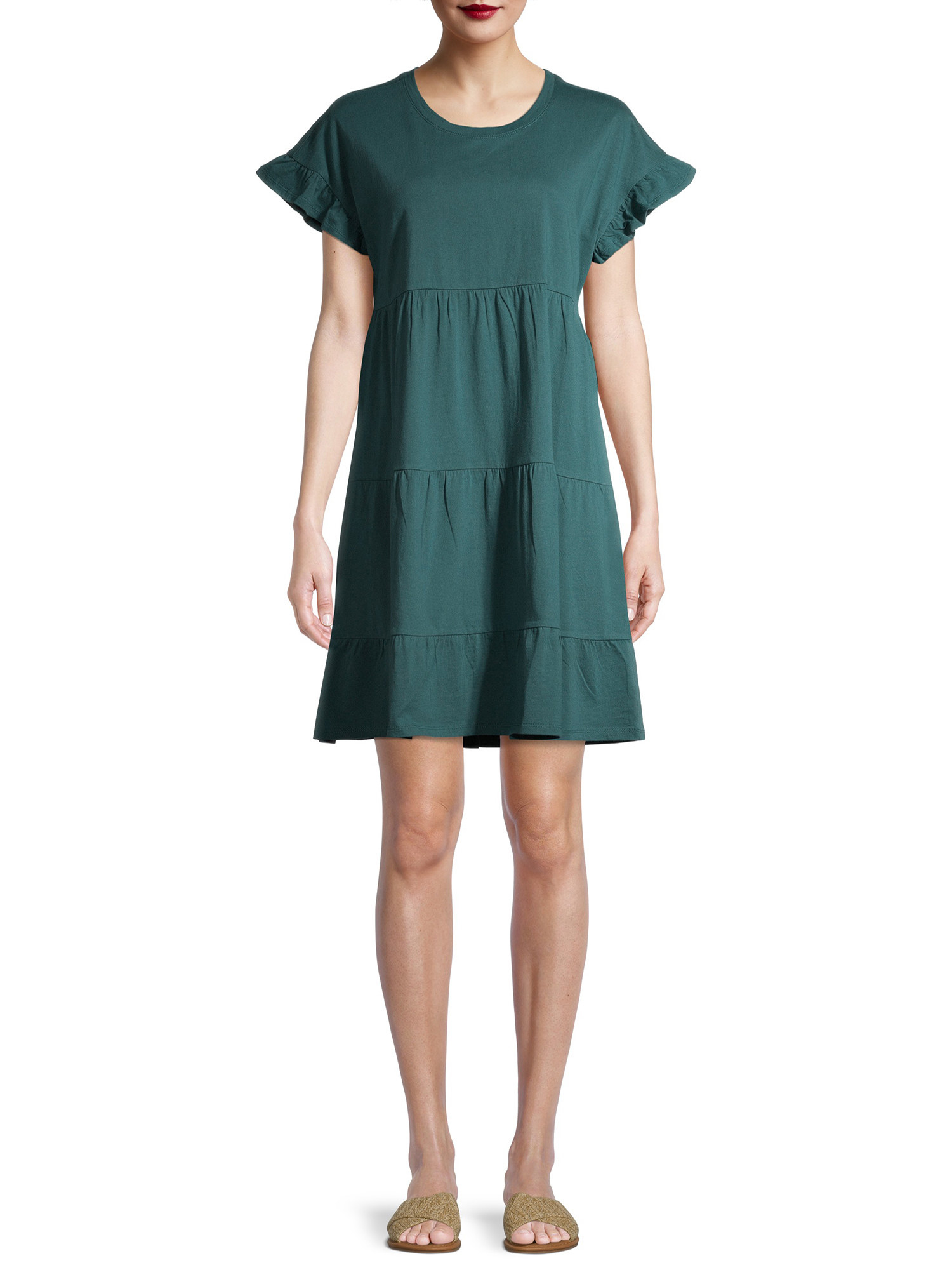Model wearing the astro teal fluttered sleeve tiered dress