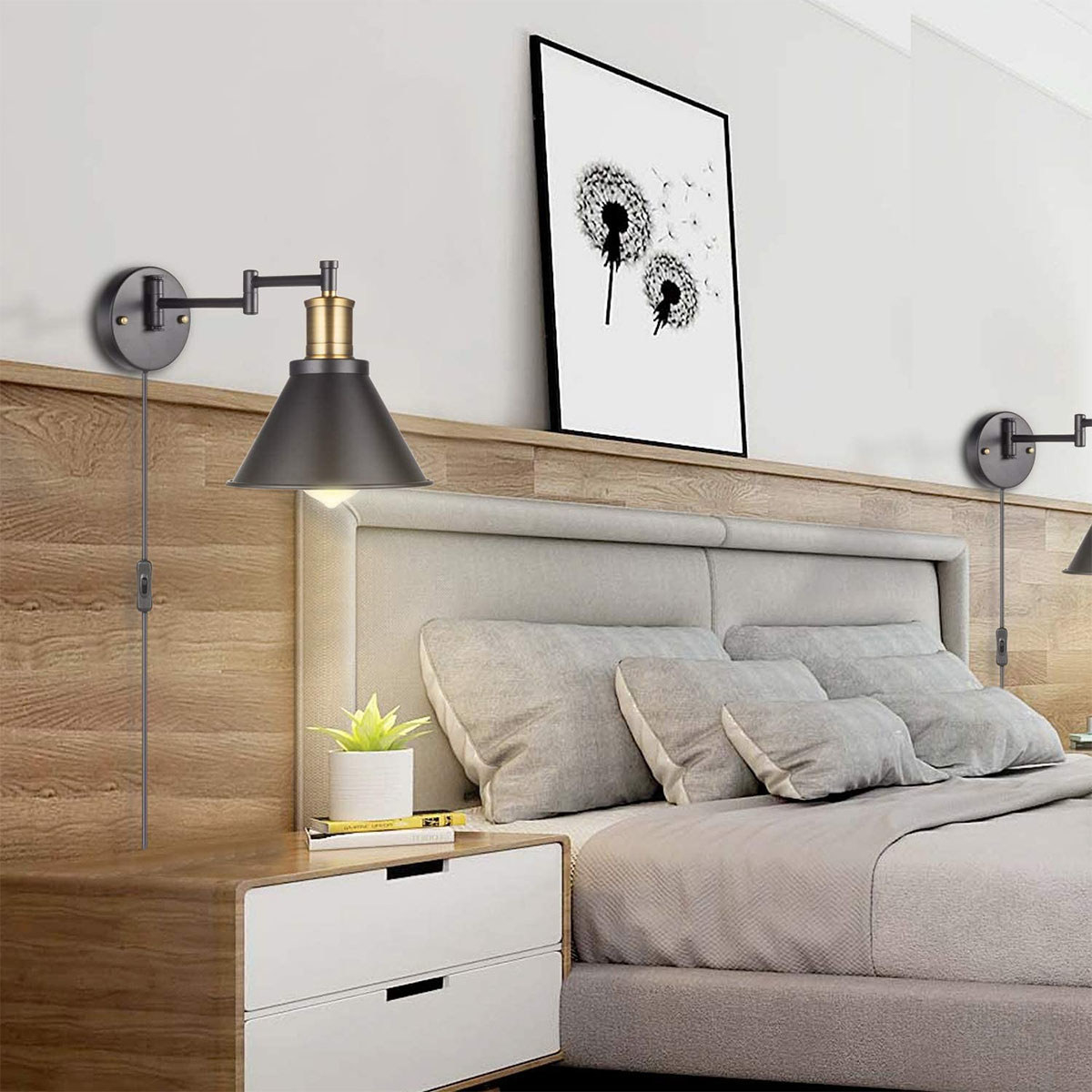Wall sconces shown in a bedroom.