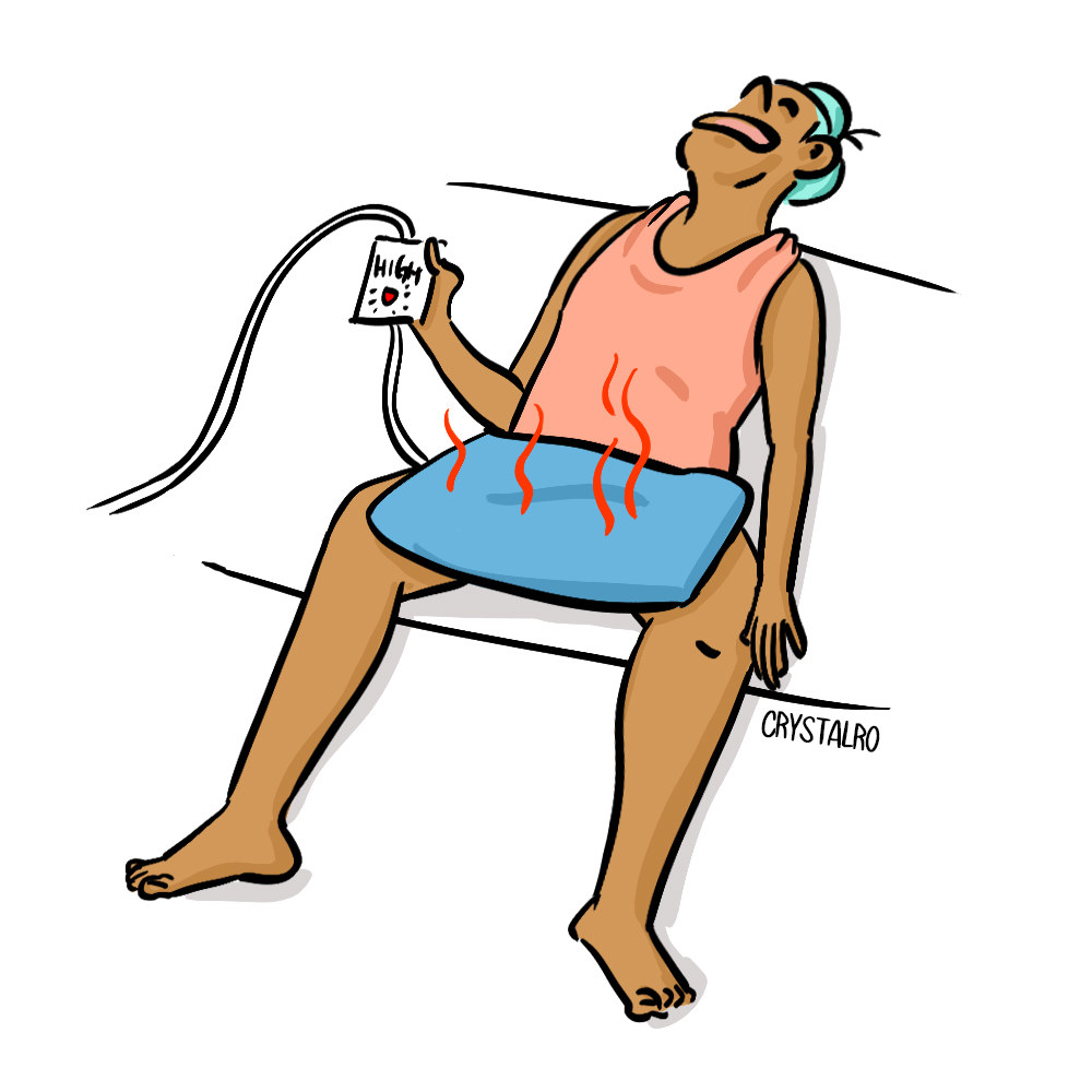 Illustration of a person siting on a sofa with a heating pad cranked up to high