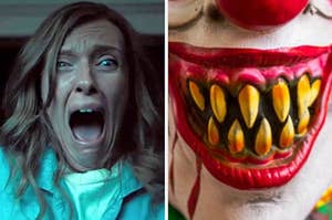 woman screams next to a sharp toothed clown mouth