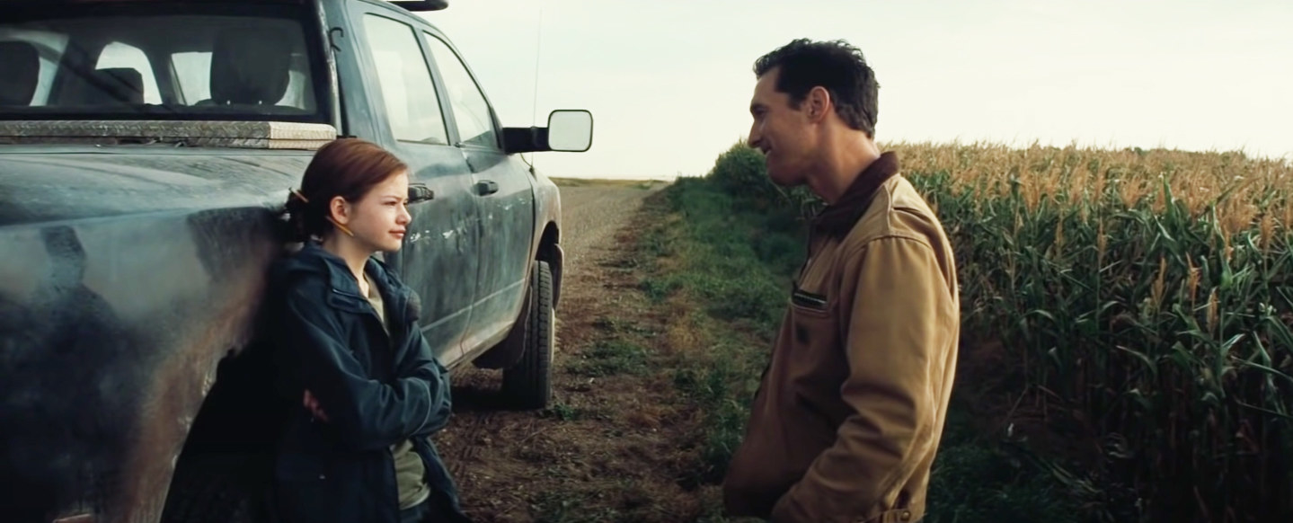 Joseph parks his truck outside the cornfield