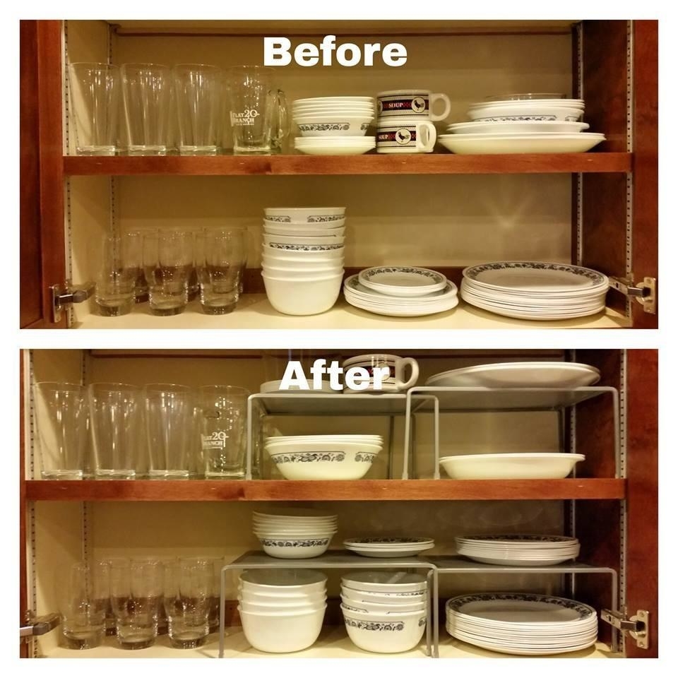 Reviewer before and after photo of the dishes and plates organized with the shelves