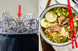 An arrow is pointing at a crown on the left with a bowl of Pho on the right