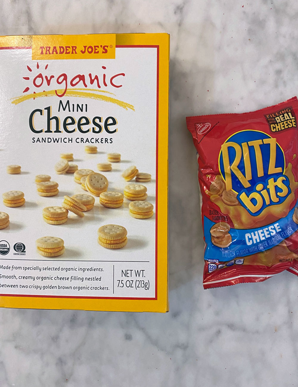 Mini Cheese Sandwich Crackers and Cheese Ritz Bits in packaging