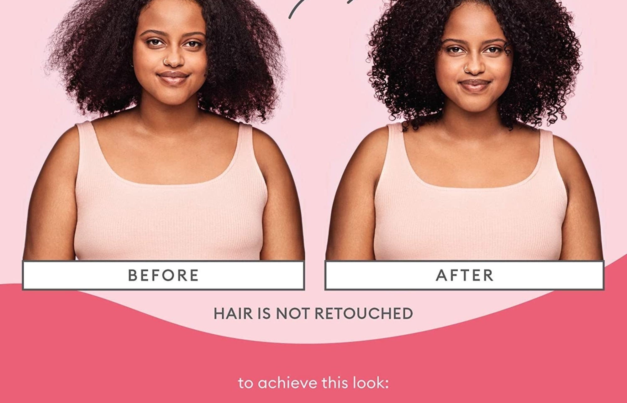 Before and after photos showing a model with natural curly hair looking dry and looking moisturized after using the mask