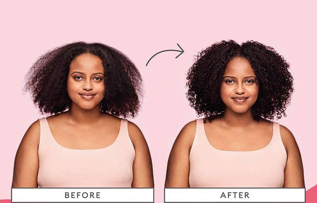 Before and after photos showing a model with natural curly hair looking dry and looking moisturized after using the mask