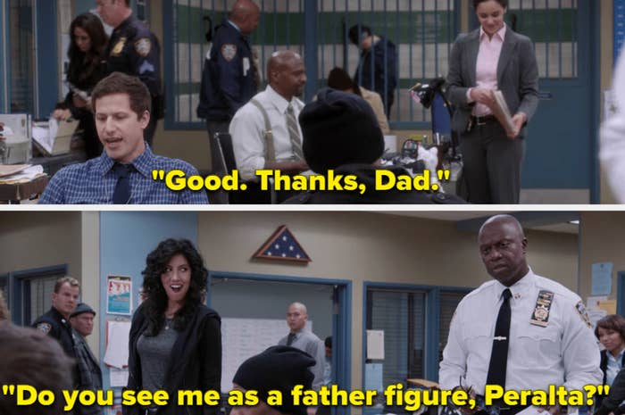 Jake and Captain Holt talking. Holt has a perplexed expression on his face.