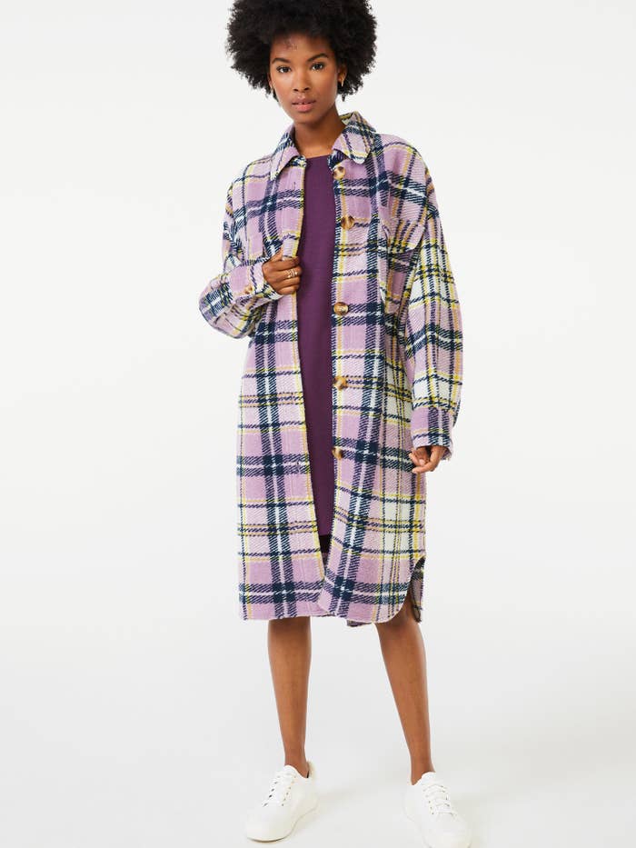Model wearing the purple long-sleeve oversized plaid shacket