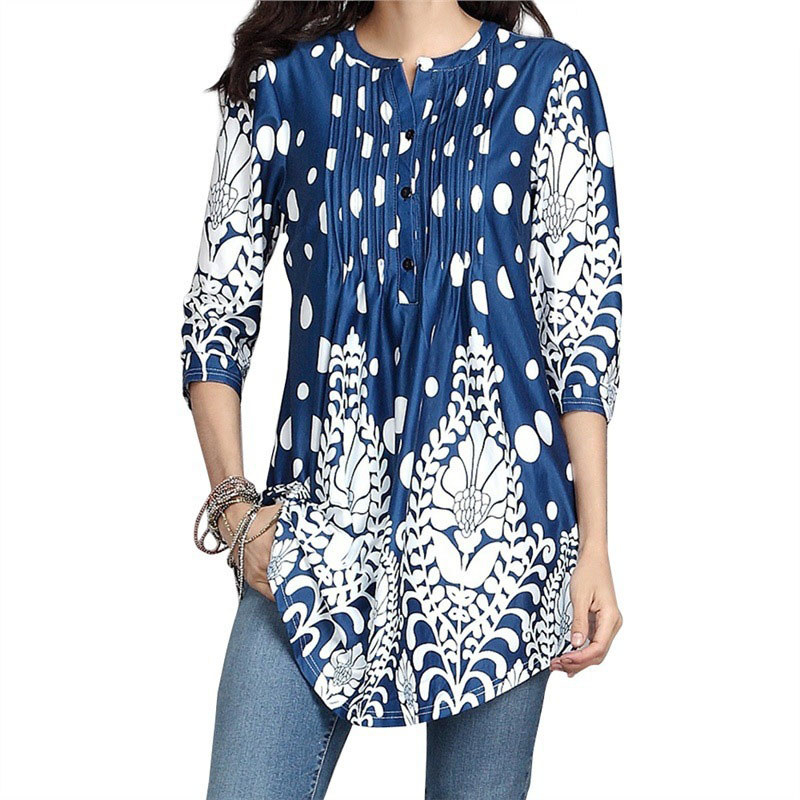 Model wearing the navy blue long casual patterned tunic top