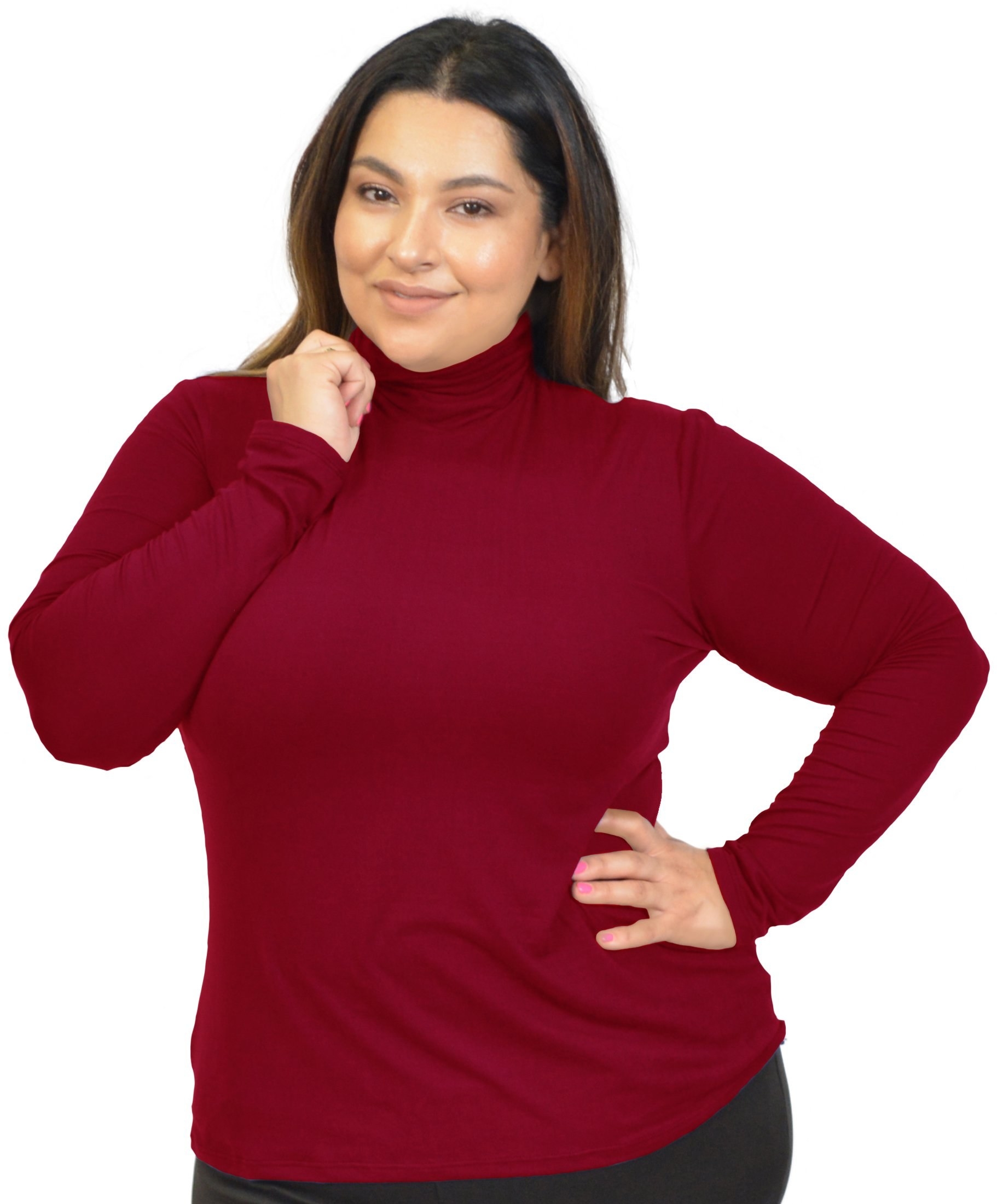 Model wearing the burgundy soft turtleneck top