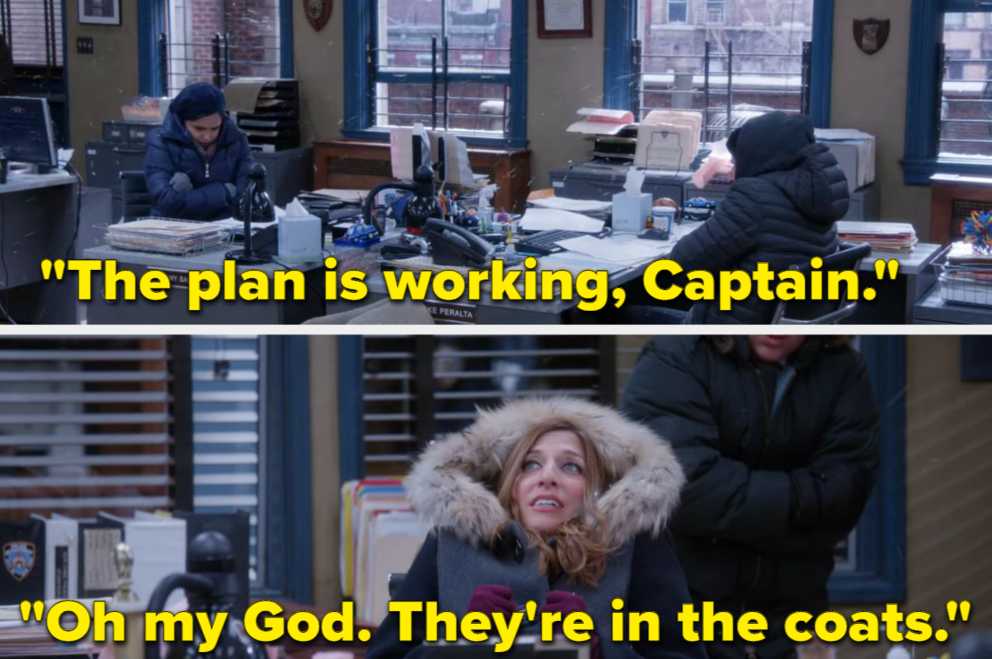 Amy Santiago, Jake Peralta, and Gina Linneti sitting in coats in a chilly precinct