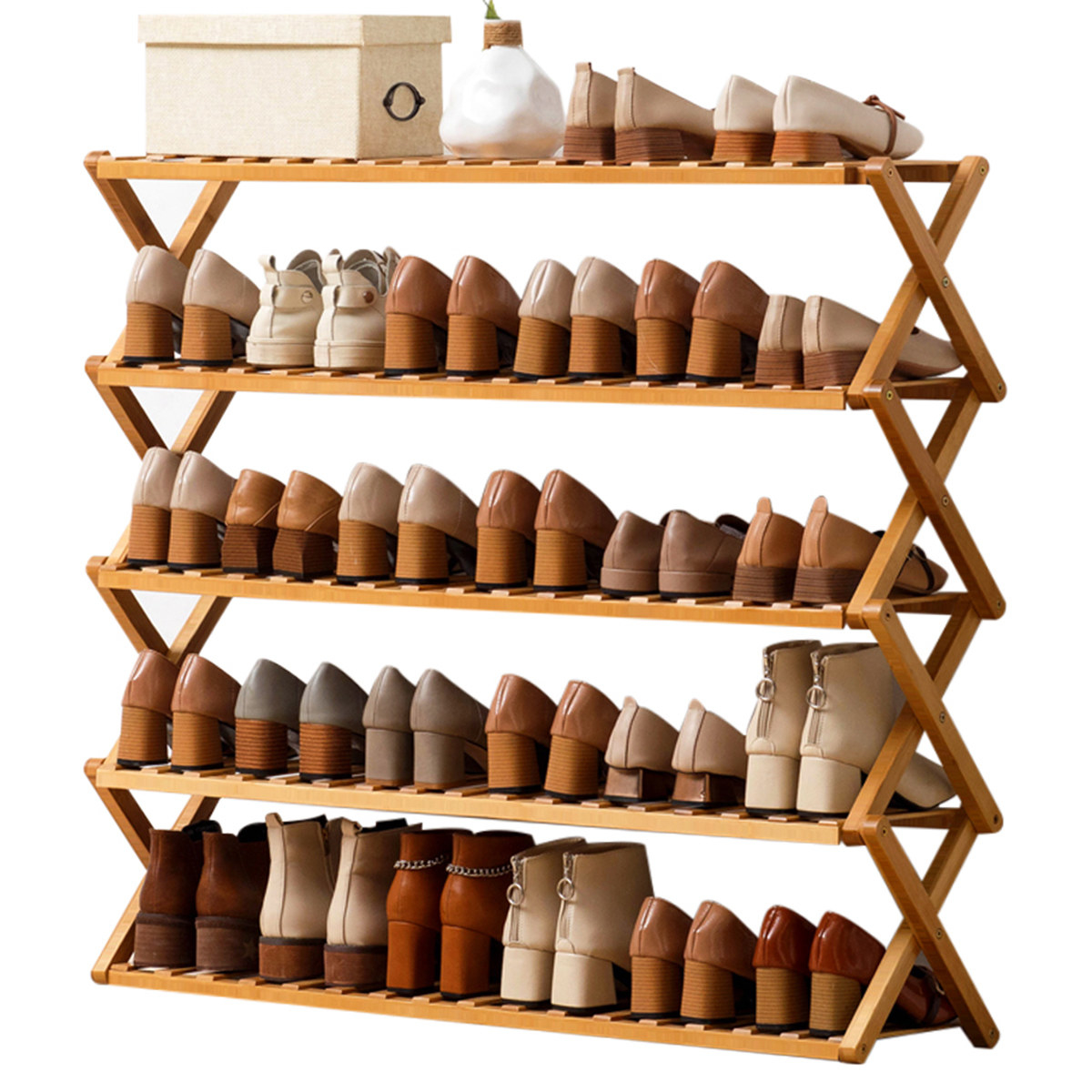 Shoe rack filled with pairs of shoes.