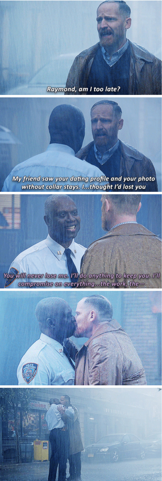 Captain Holt and Kevin getting back together and kissing in the rain