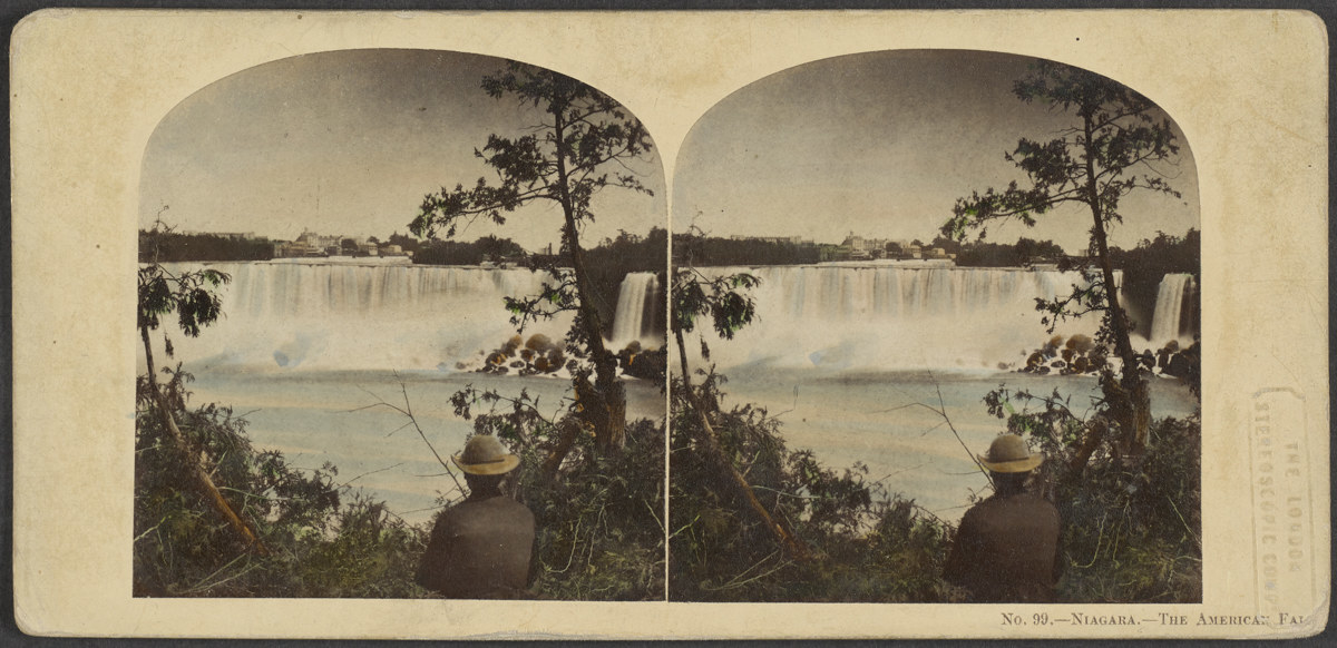 Two side-by-side images show a man in a hat looking through a clearing at Niagara Falls