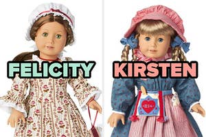 On the left, the American Girl Doll, Felicity, and on the right, the American Girl Doll, Kirsten