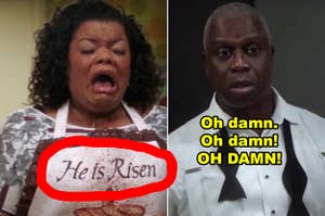 Side-by-side of Shirley screaming in "Community" and Captain Holt looking shocked in "Brooklyn Nine-Nine"