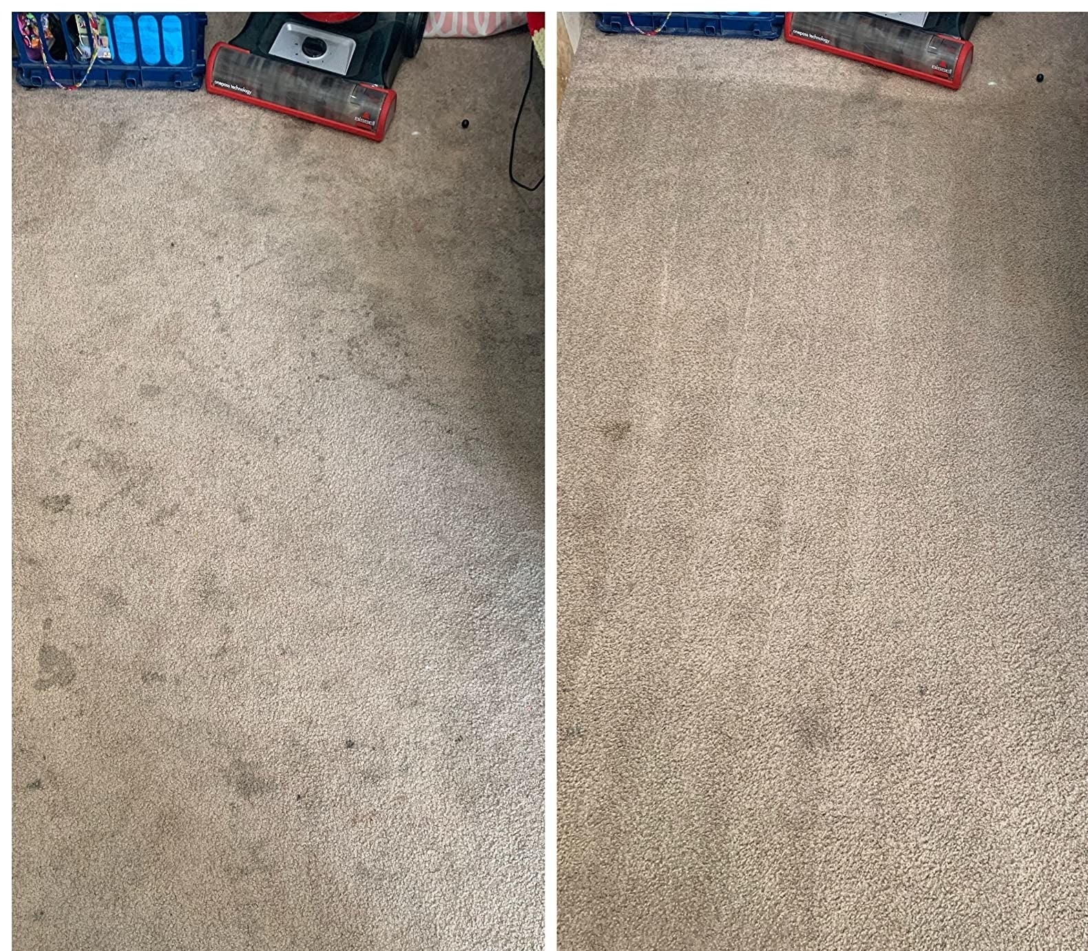 Reviewer&#x27;s before image of stained carpet and then after image of clean carpet using the solution