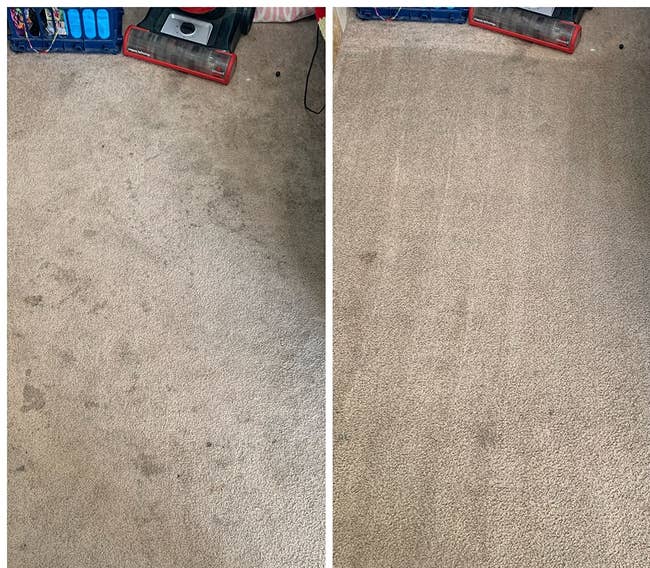 Reviewer's before image of stained carpet and then after image of clean carpet using the solution