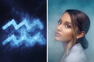 An Aquarius zodiac sign is shown with Ariana Grande on the right, looking serious 