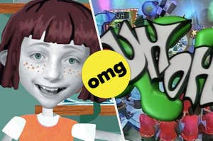 character angela anaconda, girl with short brown hair, next to title screen for show UH OH