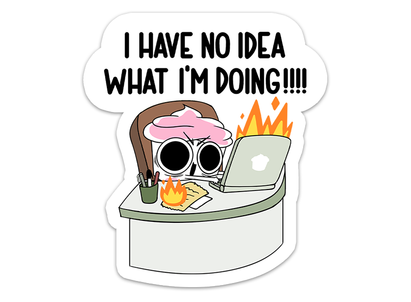 The sticker featuring cuppy sitting at a desk with a laptop and papers on fire