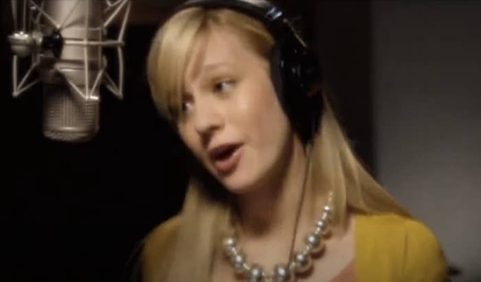 Brie Larson singing in a recording booth