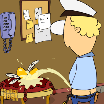 An animated man urinates on a table.