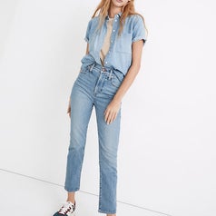 a model wearing the vintage style high rise jeans