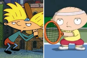 Arnold holds a baseball bat during an episode of "Hey Arnold" and Stewie Griffin holds a tennis racket during an episode of "Family Guy"
