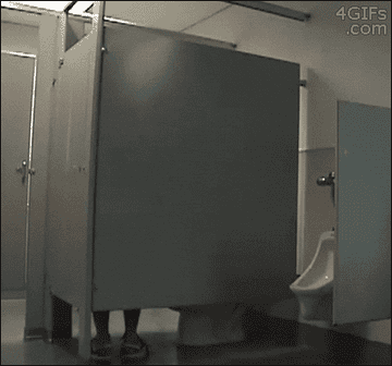 person doing a handstand in a bathroom stall