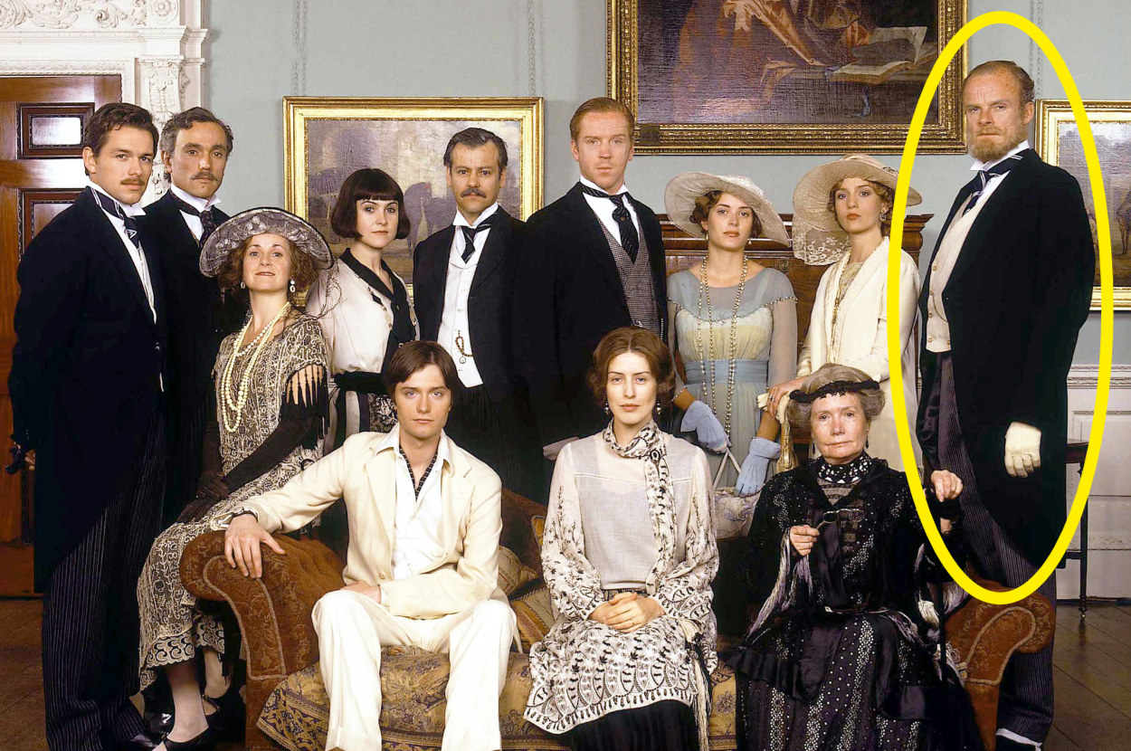 Alistair Petrie standing in a cast photo of The Forsyte Saga