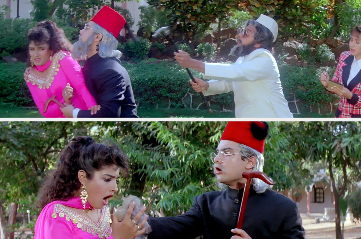 Two frames showing Amar dressed as an old man annoying Raveena and in the other removing his beard from his face