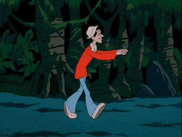 An animated character sleep walking.