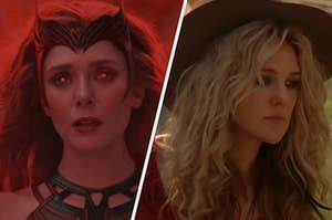 A close up of Wanda Maximoff as her eyes glow and a close up of Misty Day from "AHS: Coven"