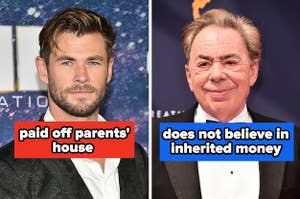 Chris Hemsworth labeled "paid of parents' house" and Andrew Lloyd Webber labeled "does not believe in inherited money"