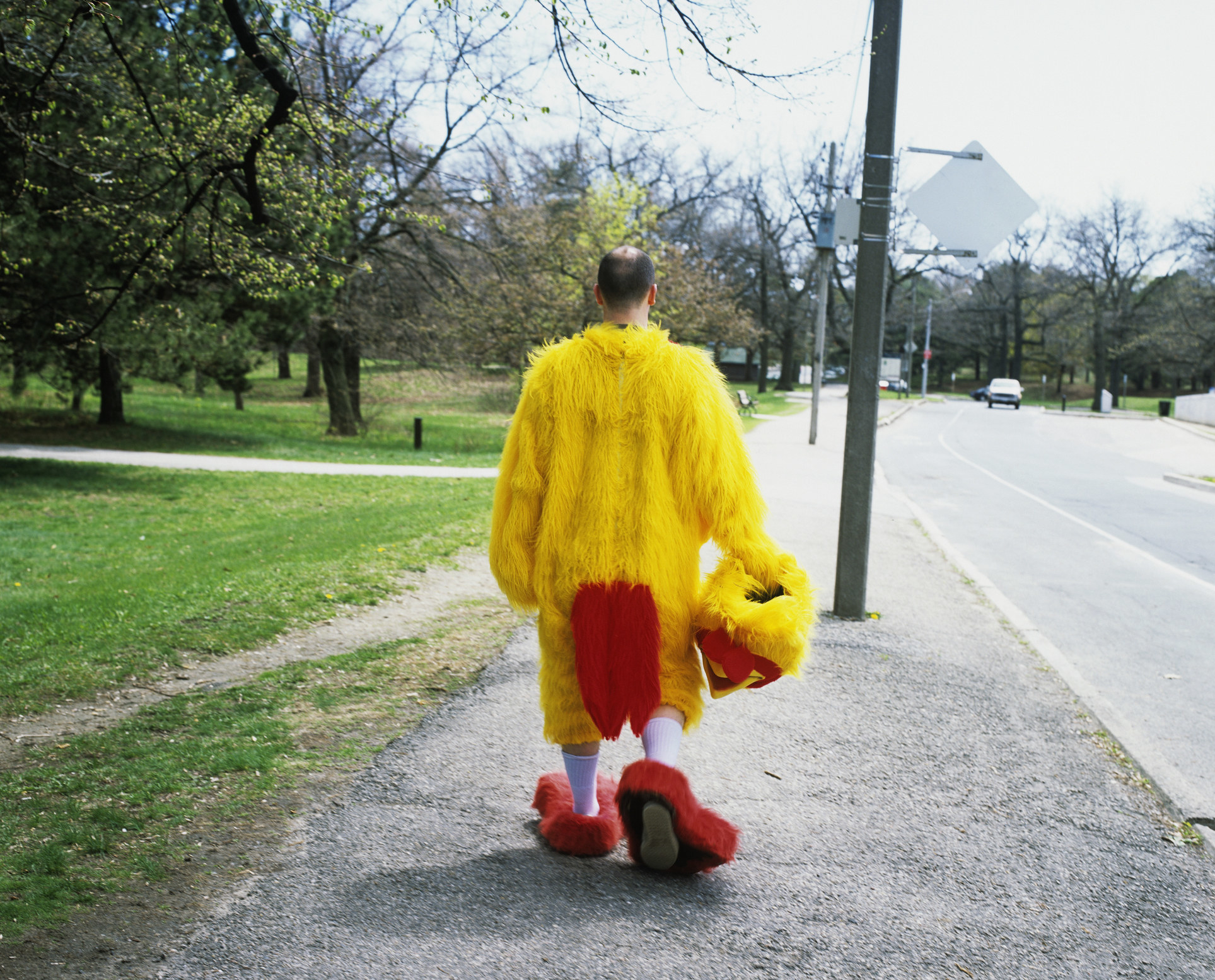 man in chicken costume walking down the road