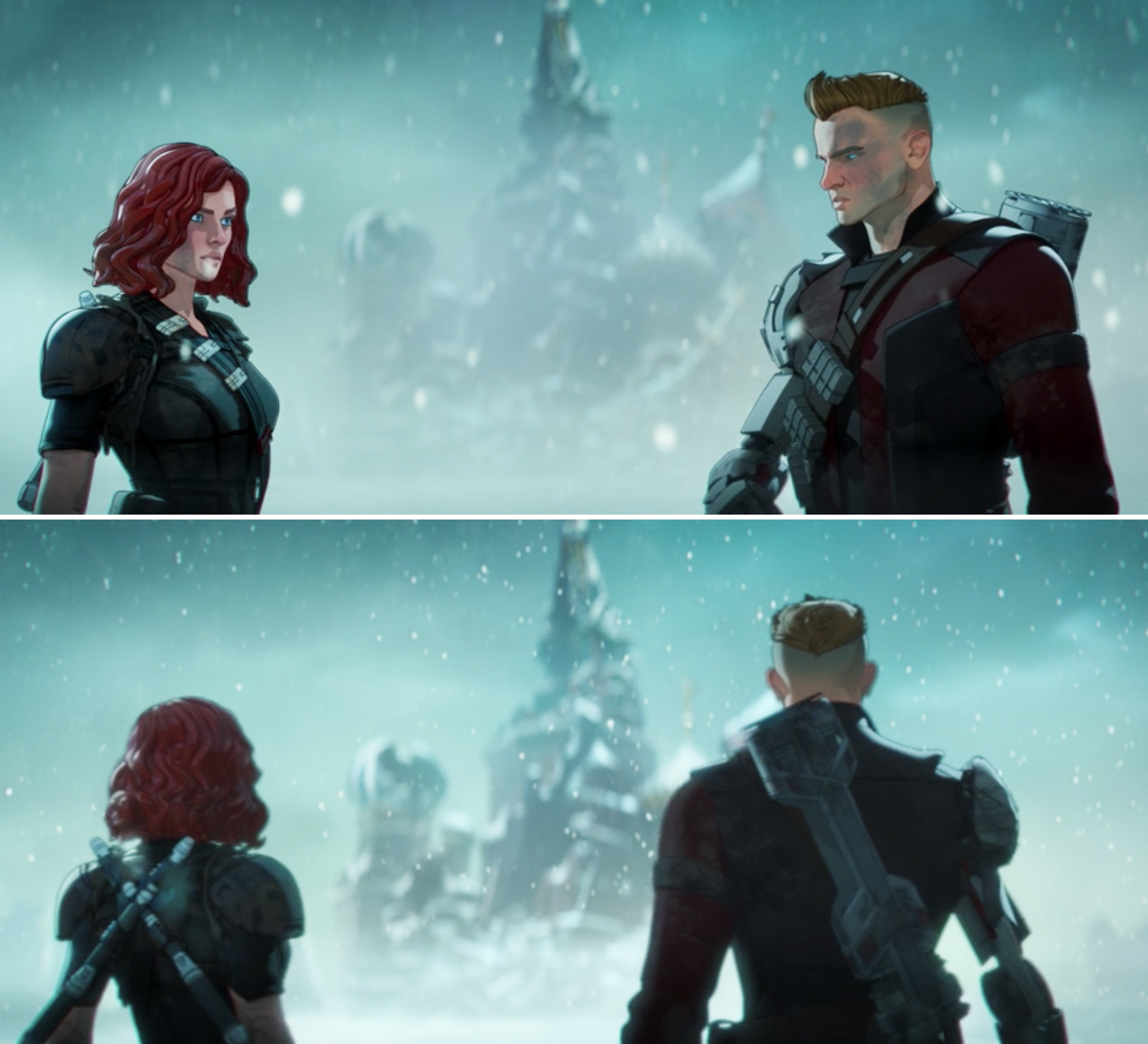 Black Widow and Hawkeye standing face to face