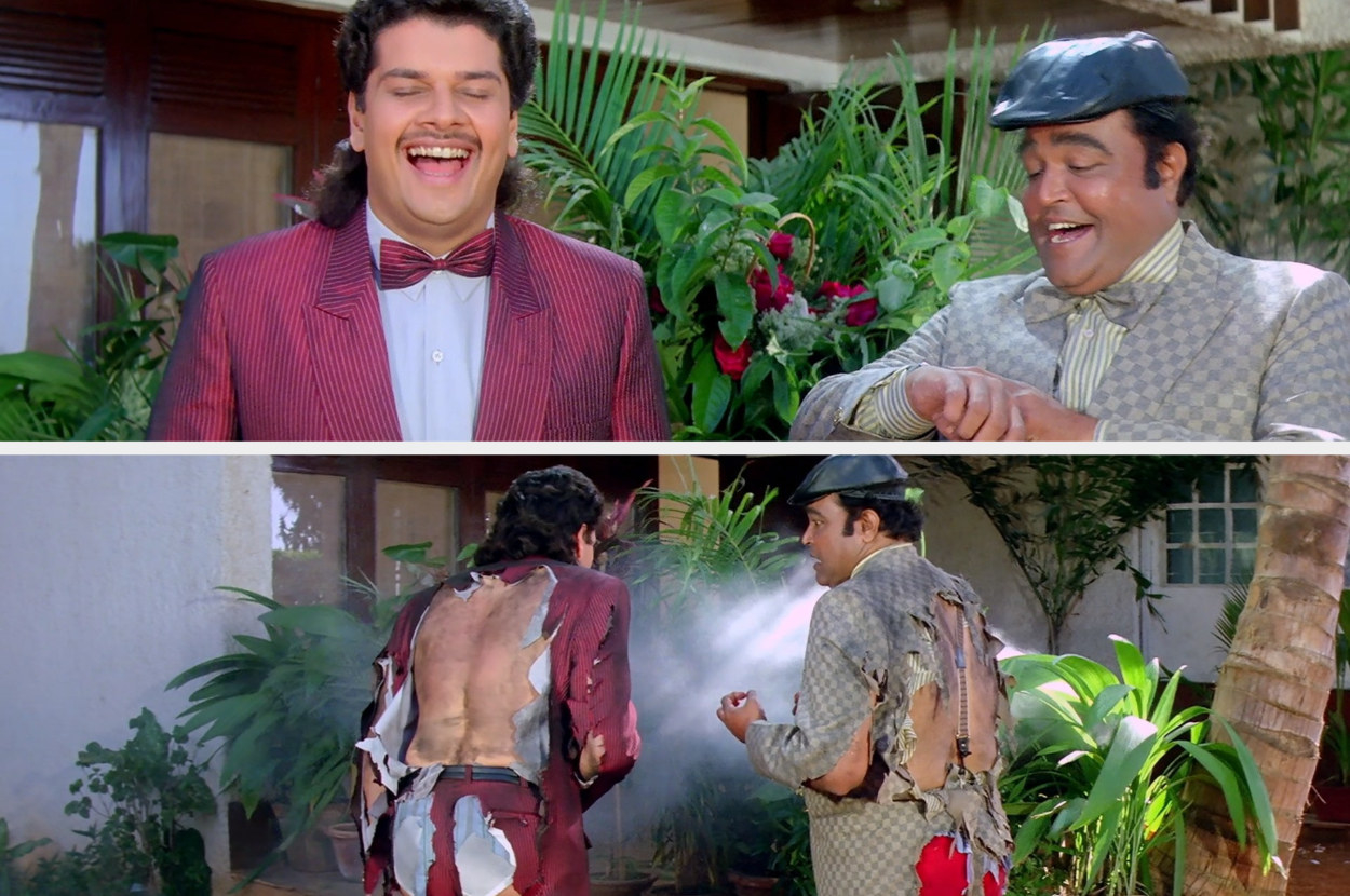 Two frames showing Robert and Bhalla laughing in one and in the other, their clothes being torn from behind