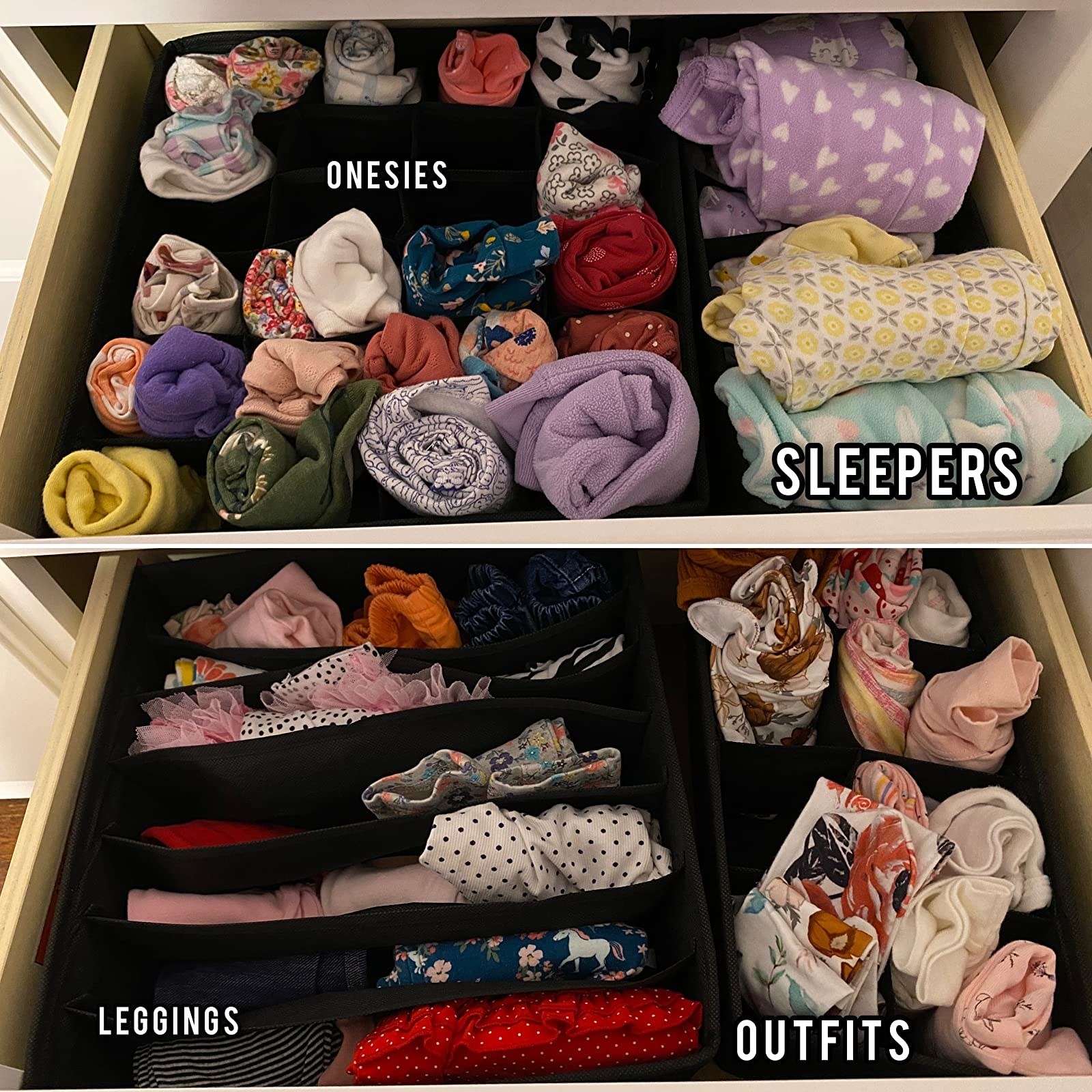 Reviewer&#x27;s photos showing their child&#x27;s onsies, sleepers, leggings and outfits organized