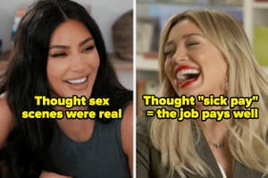 Kim Kardashian laughing and the words "Thought sex scenes were real" and Hilary Duff laughing and the words "Thought 'sick pay' = the job pays well"