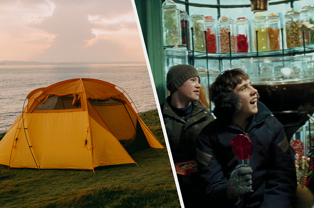 A brightly colored tent sits at the edge of a cliff and Neville Longbottom holds an oversized lollipop