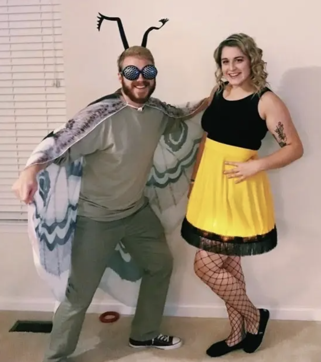 Someone dressed up as a moth and another person dressed as the lamp from &quot;A Christmas Story&quot;