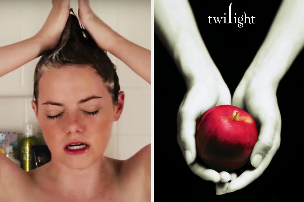 On the left, Emma Stone styling her hair into a mohawk in the shower as Olive in Easy A, and on the right, someone holding an apple in their hands on the Twilight book cover