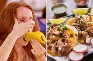 (left) A woman awkwardly eats a hardshell taco by pushing the filling directly into her mouth; (right) a plate of street tacos with shredded meat and lime