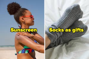 Woman putting on sunscreen and a person wearing socks with the words "socks as gifts"